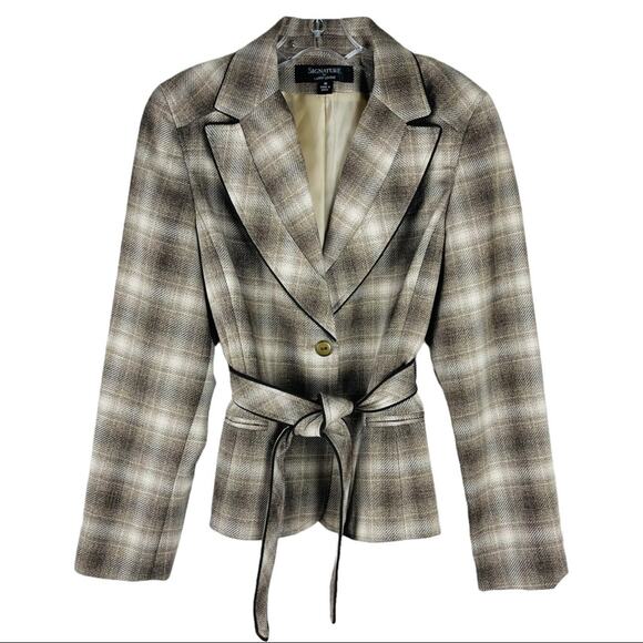 NEW Larry Levine brown cream plaid preppy tie button classic blazer jacket 10 - Picture 1 of 8
